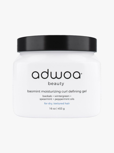 Adwoa Beauty Baomint Moisturizing Curl Defining Gel white jar with black lid on light gray background
